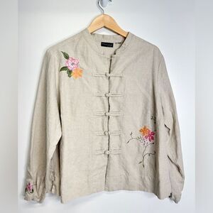 Relativity Women Asian Style Embroidered Jacket 100% Linen Size Large‎